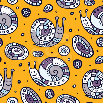 Seamless pattern of cartoon snails. Hand drawn vector background.