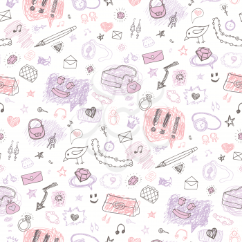 Accessories Grunge background. Set of elements signs and symbols. Hand drawn seamless pattern.