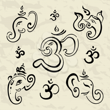 Hindu God Ganesha. Vector hand drawn illustration set. Crumped paper background.