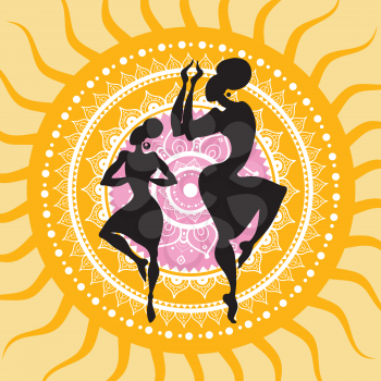 Beautiful Indian dancers silhouettes. Mandala Sun. Hand drawn vector background.