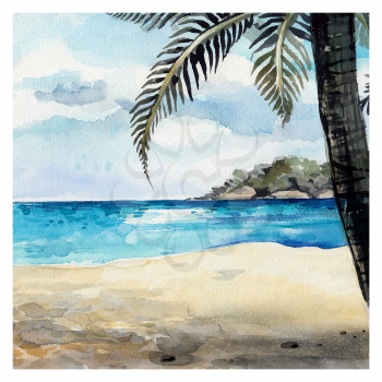 Watercolor Sea background. Hand drawn painting. Summer marine landscape.