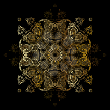 Gold mandala on black background. Ethnic vintage pattern.
