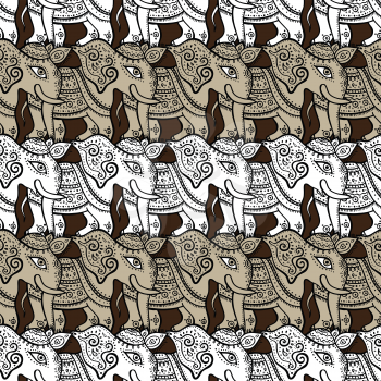 Elephants. Ethnic seamless background Hand drawn Vector pattern