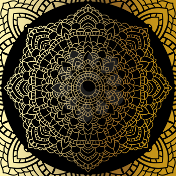 Gold mandala on black background. Ethnic vintage pattern.