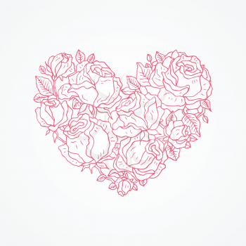 Heart of roses. Valentine Greeting card. Hand drawn vector illustration.