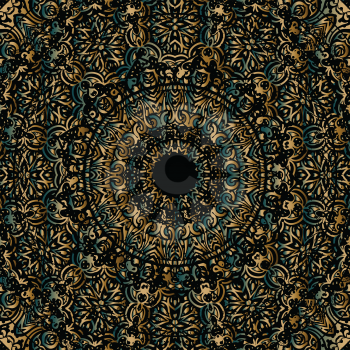 Gold mandala on black background. Ethnic vintage pattern.