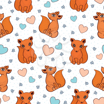 Vector cute fox pattern. Seamless cartoon background. Sitting foxes
