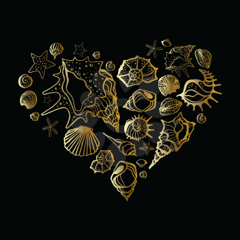 Golden sea shell. Heart of Seashells. Hand drawn vector Illustration.