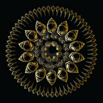 Gold mandala on black background. Sea Shells ornament. Ethnic Summer vintage pattern.