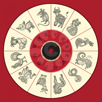 Chinese zodiac wheel with twelve. Vector hand drawn cartoon animals