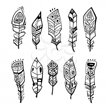 Ethnic Feathers Set. Hand drawn vector illustration. Design element