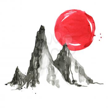 Mountains in Japanese painting style. Traditional Beautiful watercolor hand drawn illustration