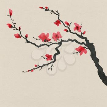 Sakura tree in Japanese painting style. Traditional Beautiful watercolor hand drawn illustration