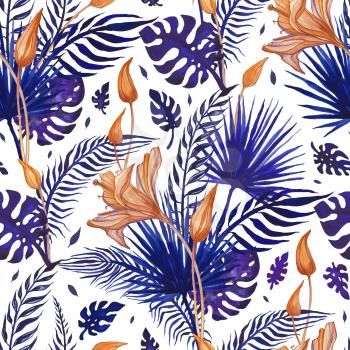 Tropical flowers Abstract Flower. Hand Drawn Floral Pattern. Seamless Watercolor illustration. Can be used for wallpaper, website background, textile, phone case print