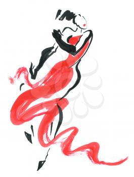 Flamenco. Beautiful Dancing Woman. Watercolor latin dancer. Ink hand painting illustration.