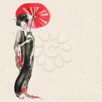 Geisha, women in traditional clothing. Japanese style, Watercolor hand painting illustration