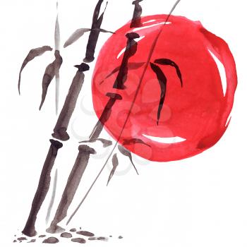 Bamboo in Japanese painting style. Traditional Beautiful watercolor hand drawn illustration