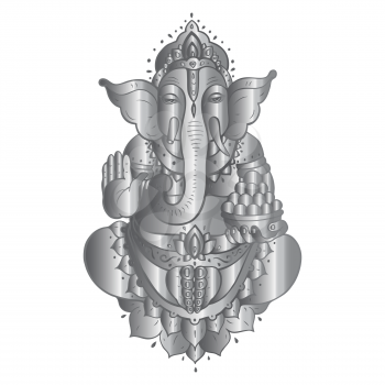 Hindu God Ganesha. Golden Ganapati. Vector hand drawn illustration. Meditation in lotus pose