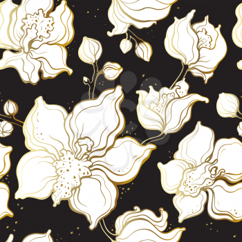 Floral pattern with Orchids. Hand drawn illustration. Seamless background