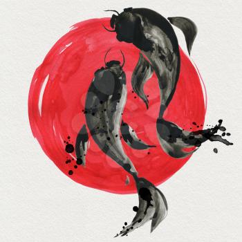 Koi fishes carps and red sun in Japanese painting style. Traditional ink, hand drawn illustration