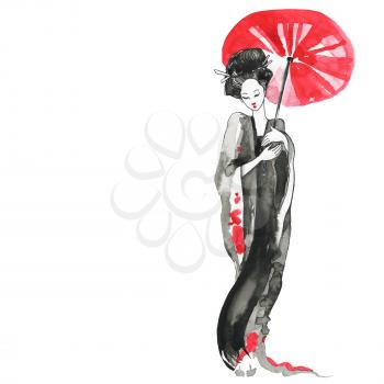 Geisha, women in traditional clothing. Chinese style, Watercolor hand painting illustration