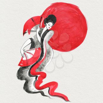 Geisha, women in traditional clothing. Japanese style, Watercolor hand painting illustration