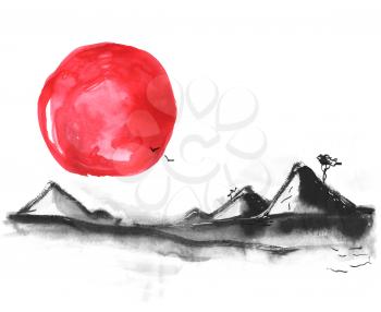 Mountains in Japanese painting style. Traditional Beautiful watercolor hand drawn illustration