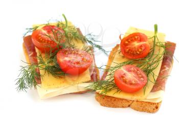 Sandwiches with bacon, cheese, cherry tomato and dill isolated on white background.