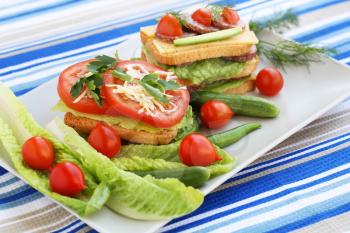 Sandwiches with salami, cheese, cherry tomato and herbs on plate.