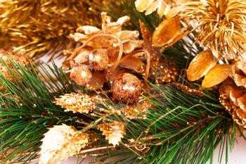 Christmas tree branch with cones closeup image.