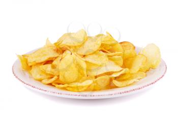 Potato chips on plate isolated on white background.