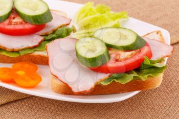 Sandwiches with rusks, vegetables, bacon on plate.