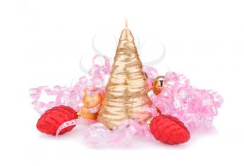 Christmas candle, cones and pink ribbon  isolated on white background.