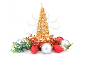 Christmas candles, balls and  decoration with red stones isolated on white background.