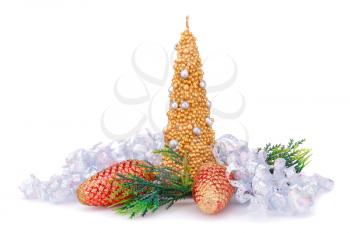 Christmas candle, cones and gray ribbon  isolated on white background.