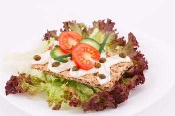 Cracker with fresh vegetables and cream on plate.