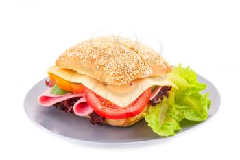 Sandwich with fresh vegetables, ham and cheese on plate.