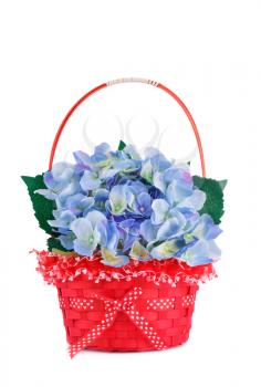 Blue fabric flowers in wicker basket isolated on white background.