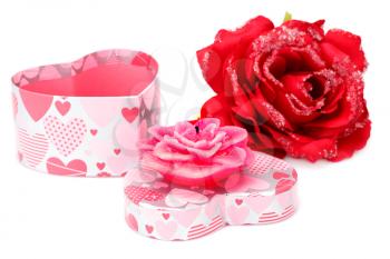 Red rose,  candle and gift box isolated on white background.