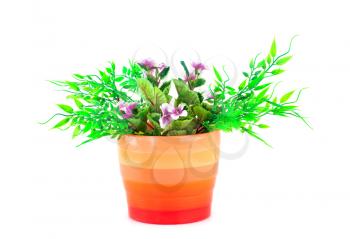 Pink fabric flowers in vase isolated on white background.