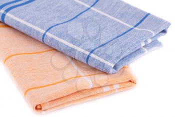 Colorful kitchen towels on white background.