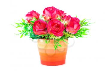Red fabric roses  in vase isolated on white background.