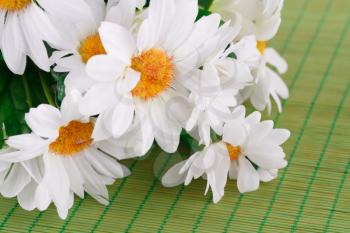 White fabric daisies on bamboo background, closeup picture.
