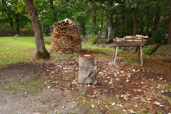 Stack of firewood in village, rural scene.