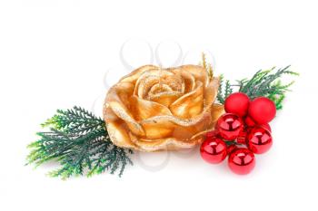 Christmas candle, balls and  fir tree branch isolated on white background.