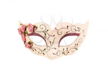 Black carnival mask with pink ornament isolated on a white background.