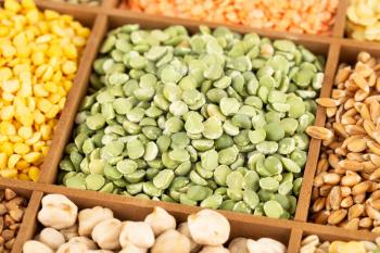 The collection of different groats, lentils, chickpea, pea, wheat and buckwheat in the wooden box.