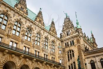 The statue of Hygieia the goddess of health and hygiene n the courtyard of Hamburg City Hall (Rathaus), Germany.