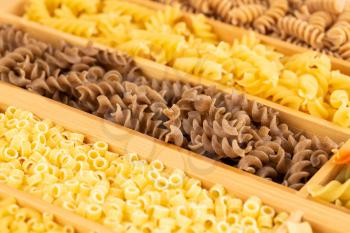 Various kind of Italian pasta in the wooden box.