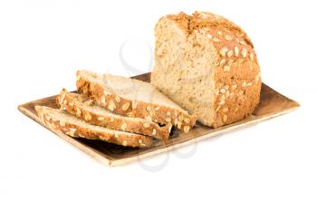 Wholegrain bread bun with oat on wooden tray isolated on white background.